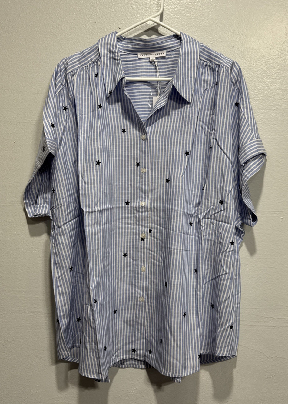 JANE & DELANCEY Womens 2X Button Front Top Blouse Cap Sleeve Stripes Star **Flaw